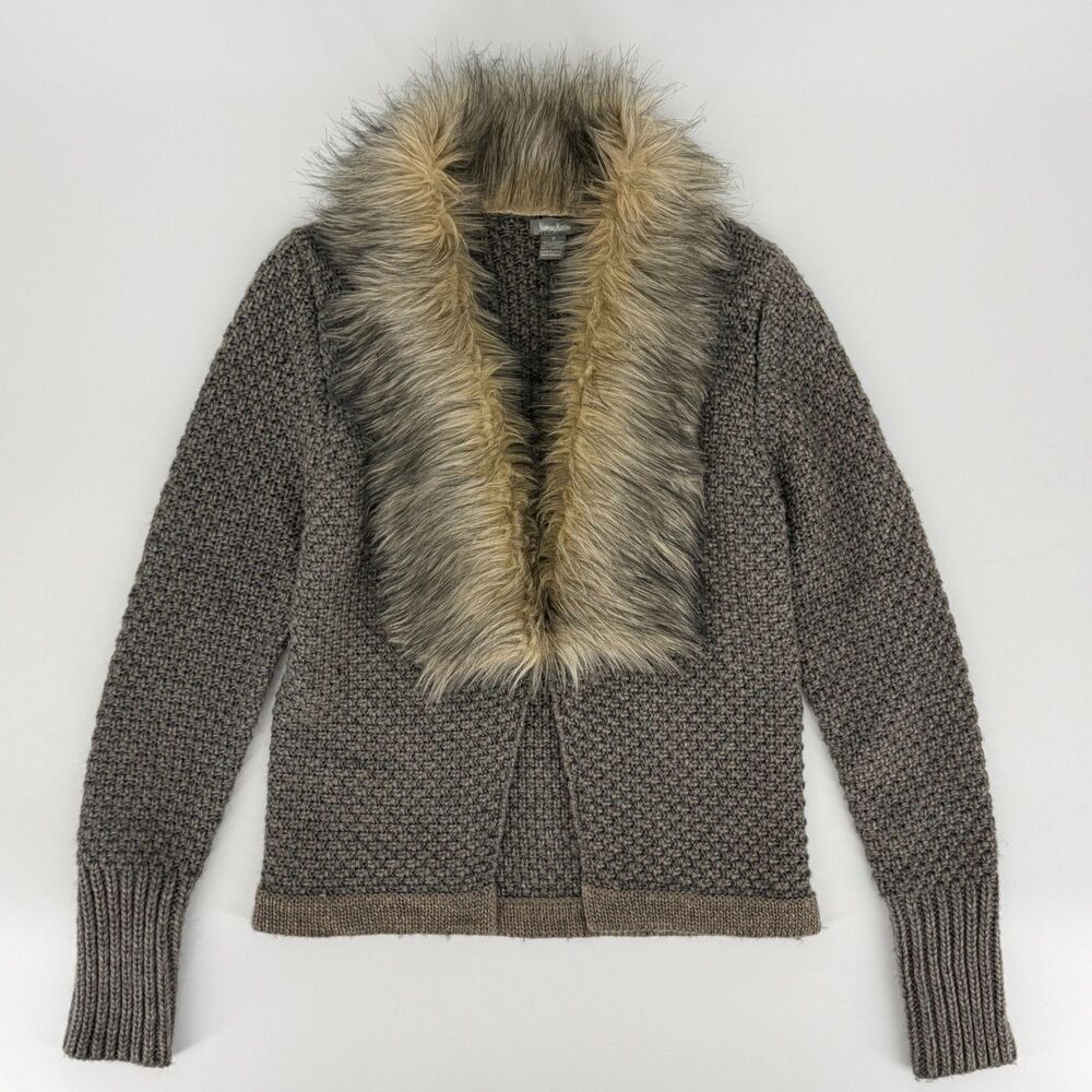 Neiman Marcus Faux Fur Collar Cardigan Sweater S Chunky Knit Cozy Luxe